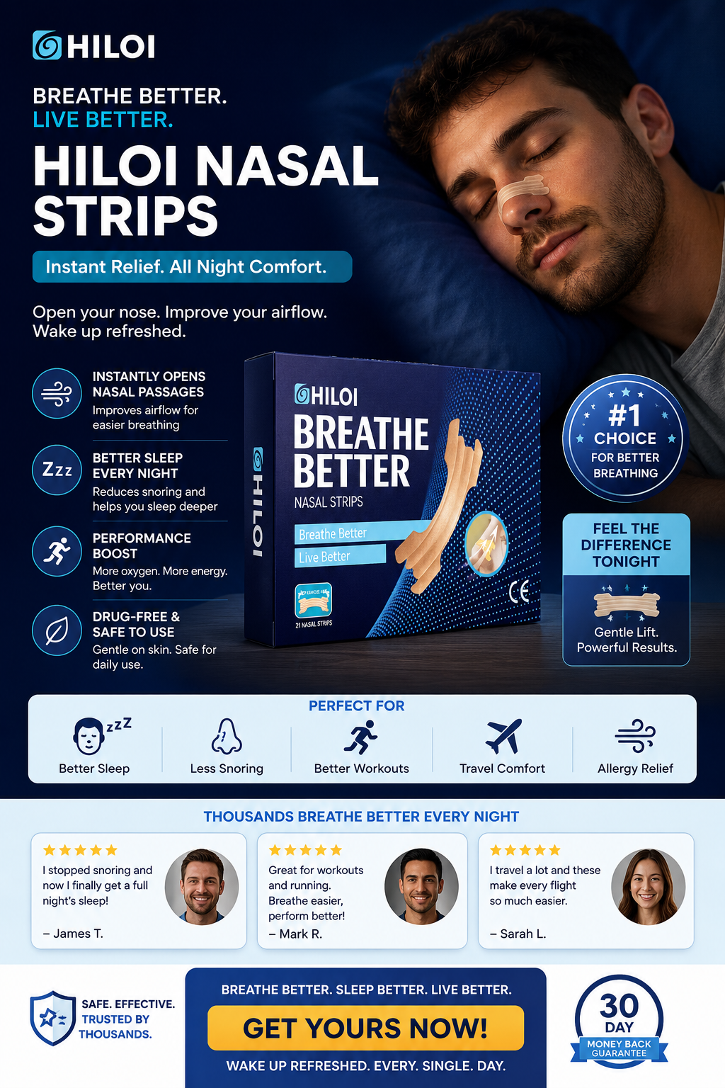 Hiloi Nasal Strips – Instant Nasal Relief, Better Sleep, Drug-Free and Gentle on Skin